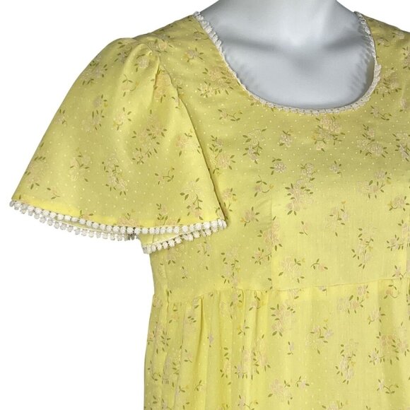 70s Yellow S Floral Textured Empire Waist Maxi Dress Flutter Sleeves Cottagecore - Picture 5 of 16